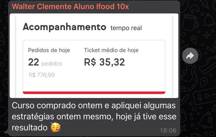 Print do Walter: 22 pedidos no dia seguinte à compra do curso